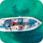 Picture of five people chilling in a white motor boat